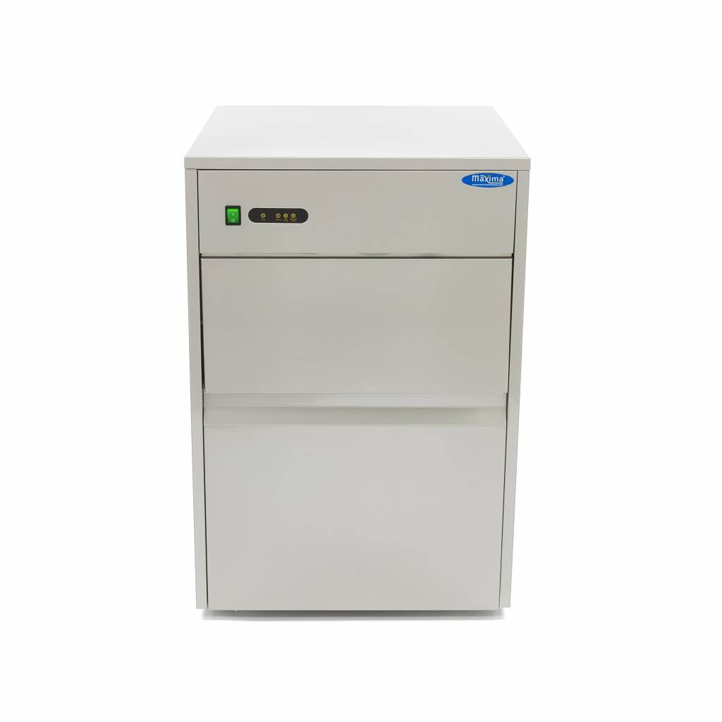 Machine à glaçons Maxima, capacité 28 kg/jour, glaçons creux pour refroidissement par air, appareil compact et efficace.