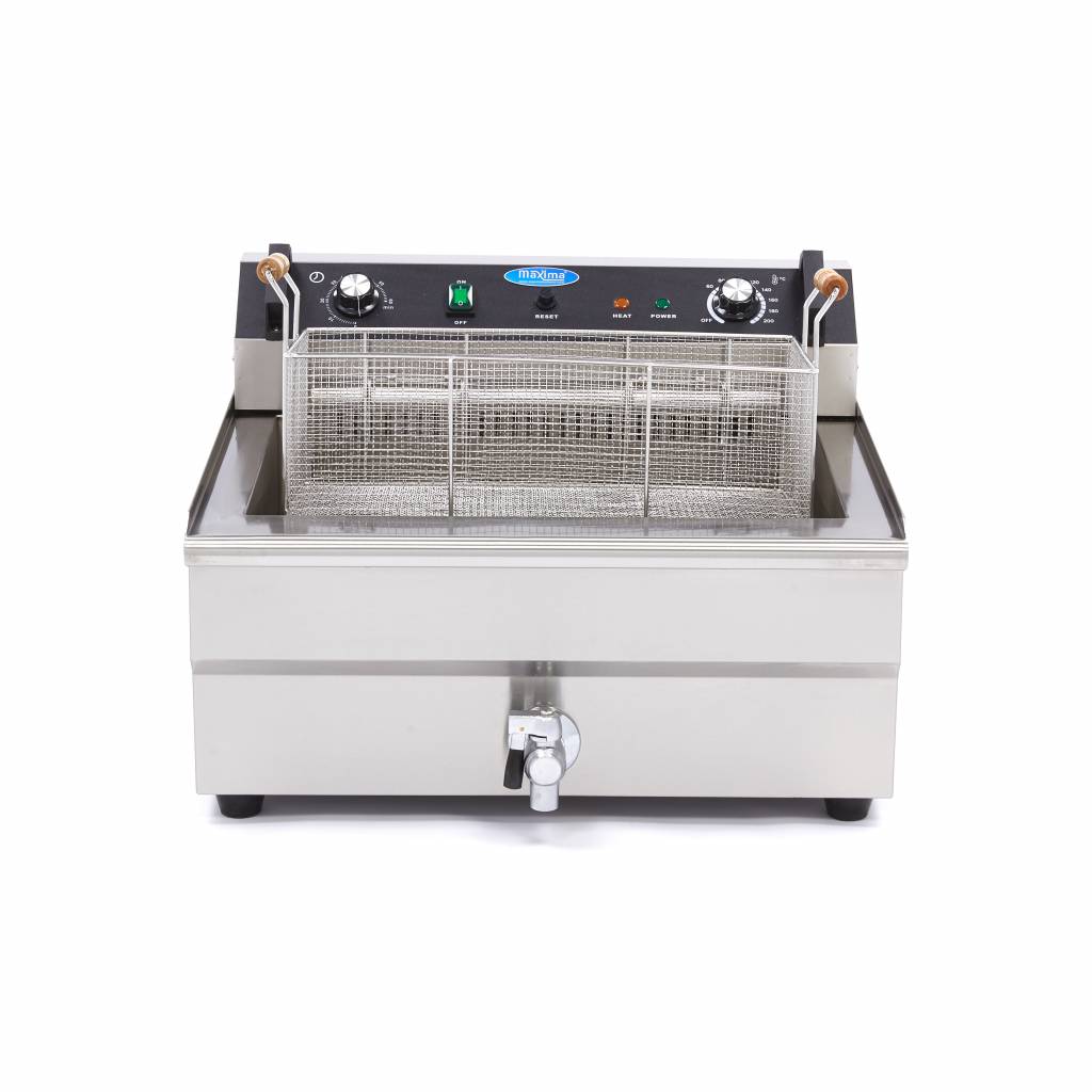 Friteuse Maxima de 30 L avec un panier et robinet de vidange, idéale pour la cuisson de grandes quantités.