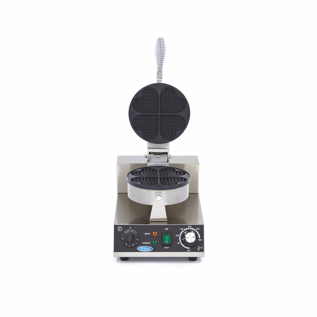 Gaufrier professionnel Maxima avec plaques en forme de cœurs pour préparer 4 gaufres dorées.