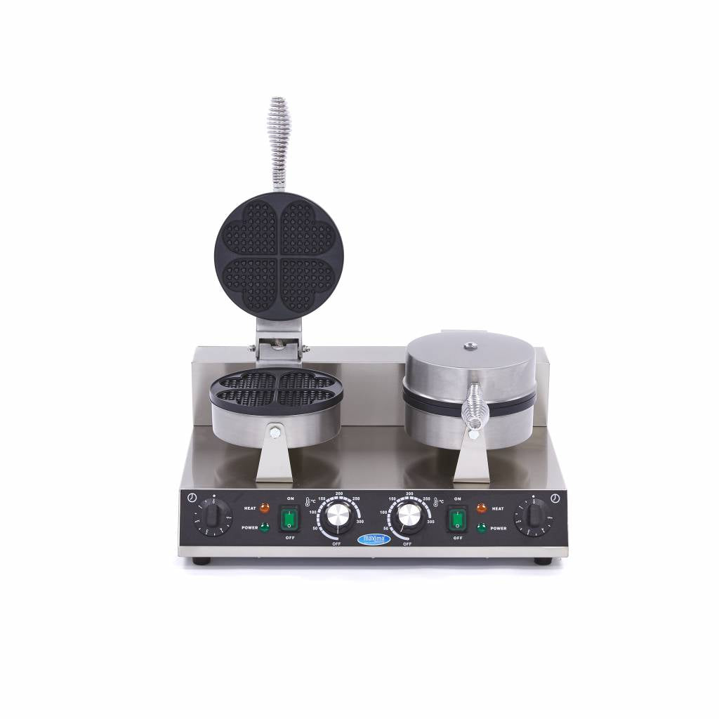 Gaufrier professionnel Maxima avec plaques en forme de cœurs pour 8 gaufres, double face, en acier inoxydable.