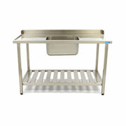 Table lave-vaisselle en acier inox Maxima, 120x75 cm, gauche, avec évier, dosseret et étagère de rangement.