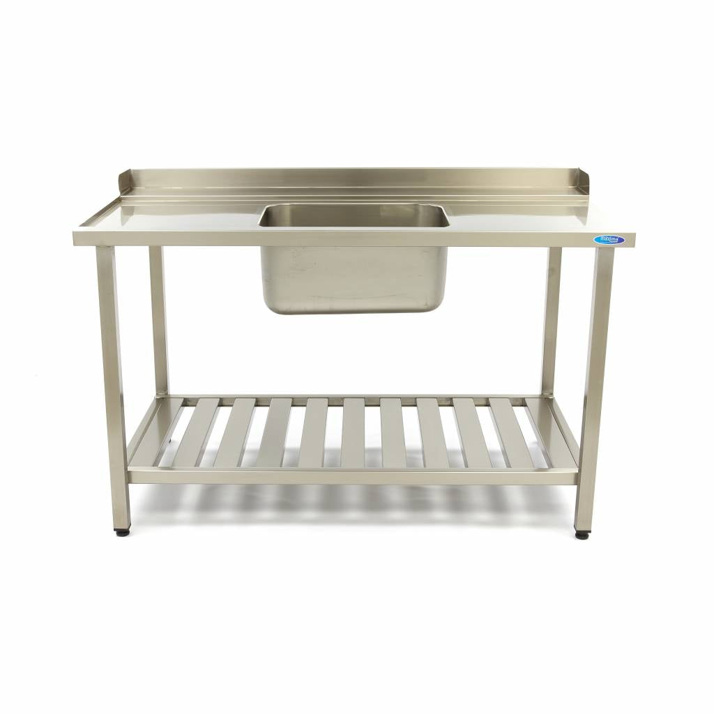 Table lave-vaisselle Maxima en inox 120x75 cm avec évier, dosseret et étagère de rangement, configuration gauche.