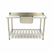 Table lave-vaisselle Maxima en inox avec évier, dosseret et étagère de rangement, dimensions 120 x 75 cm, modèle droit.