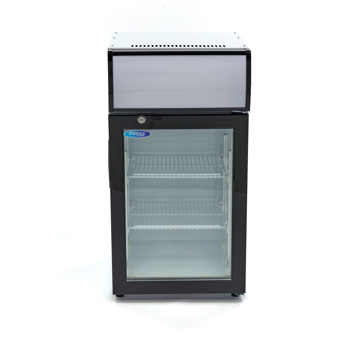 Arrière de bar Maxima pour boissons réfrigérateur de 50 L avec 2 étagères réglables, en métal noir.