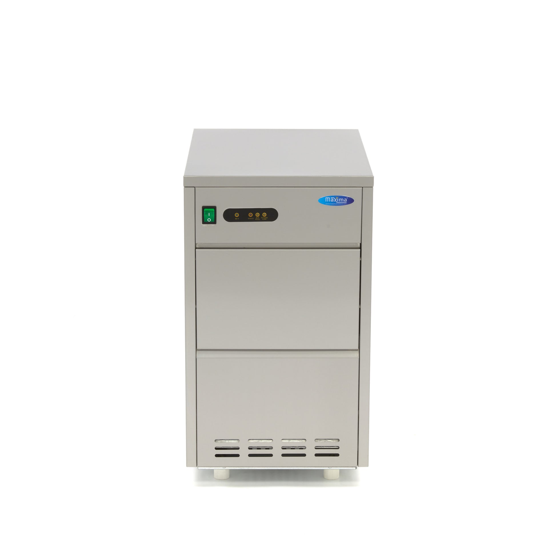 Machine à glaçons Maxima, capacité 30 kg/jour, glaçons broyés ou floconnés, refroidissement par eau, vue de face.