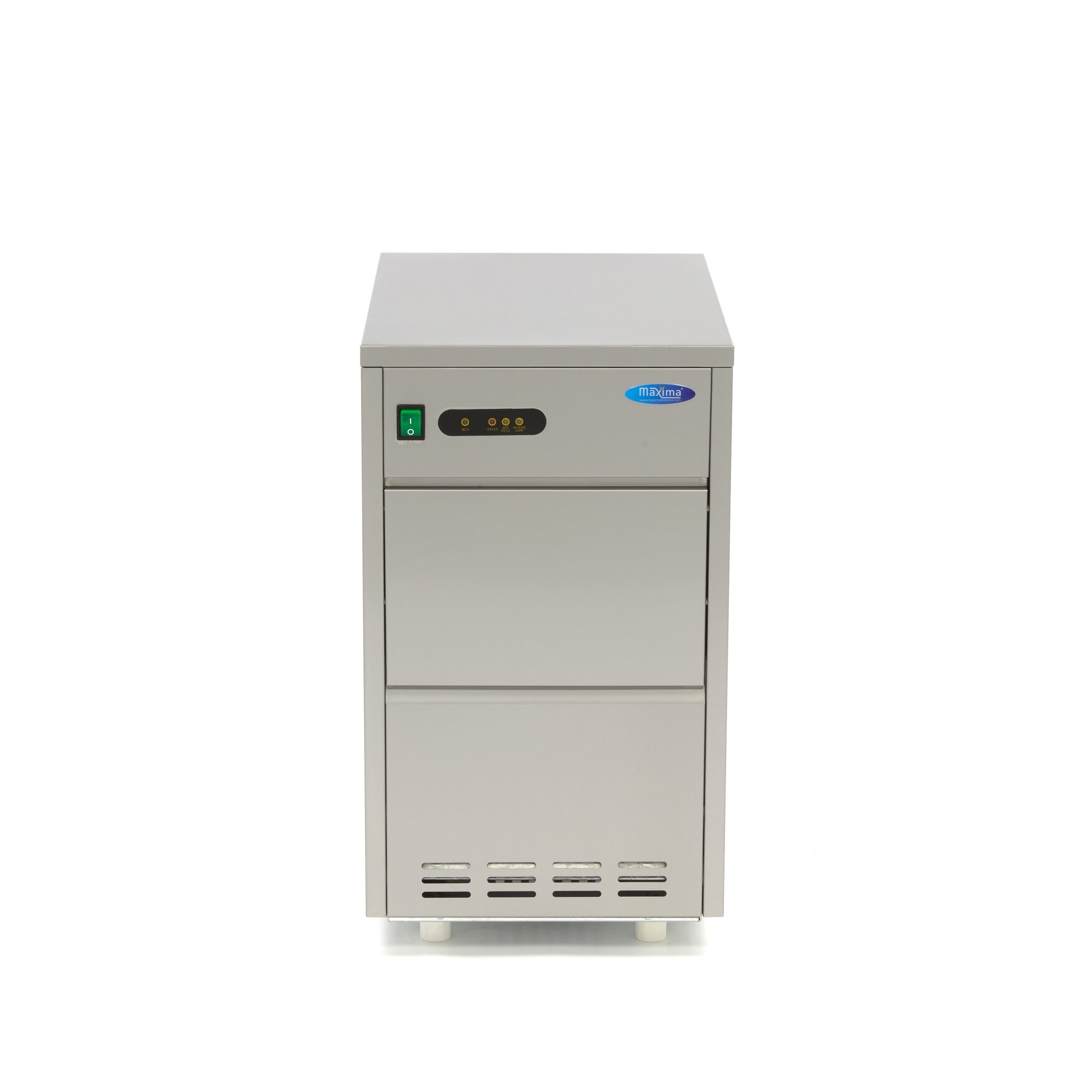 Machine à glaçons Maxima, capacité 30 kg/jour, glaçons broyés ou floconnés, refroidissement par eau, vue de face.