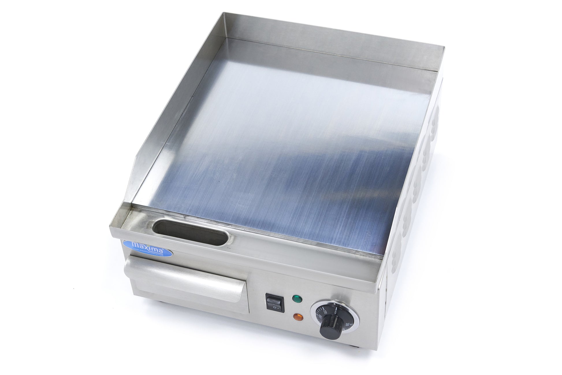 Plaque de gril en chrome lisse de 36 cm avec plateau d'égouttement pour plancha professionnelle Maxima.