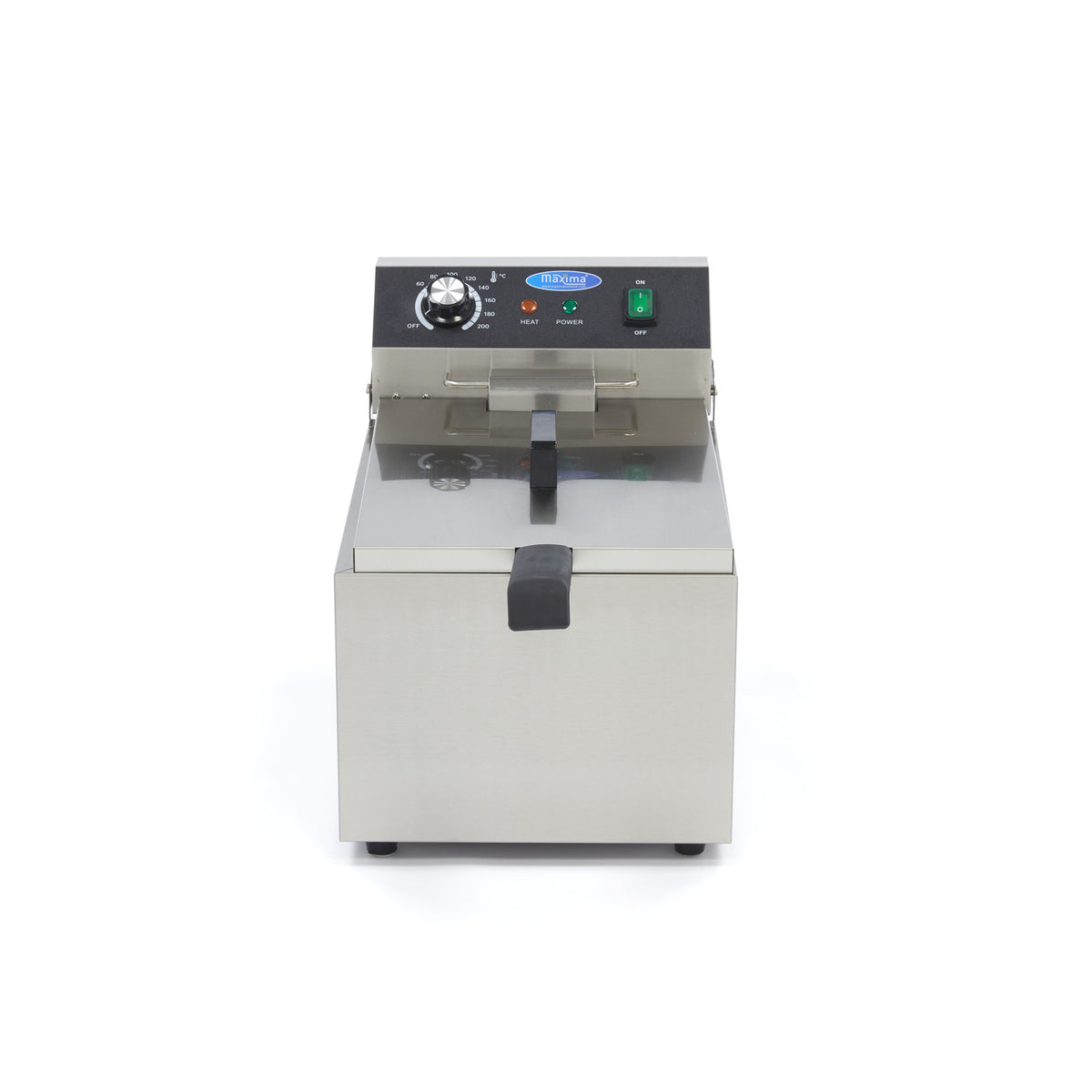 Friteuse Maxima de 11 L avec un panier, idéale pour préparer jusqu'à 1,4 kg de frites, vue de face avec éléments en acier inoxydable