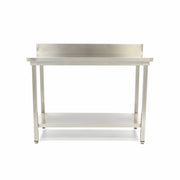 Table en acier inoxydable Maxima, 160x60 cm, hauteur réglable avec dosseret et étagère de rangement visible.