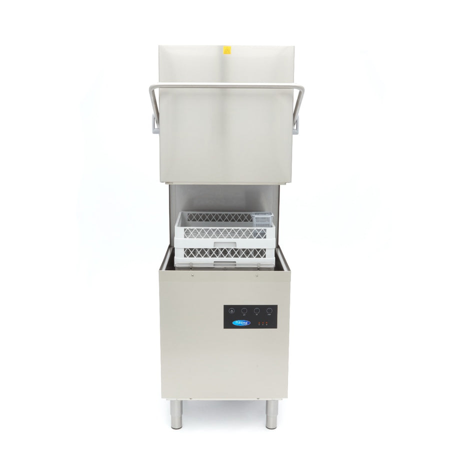 Lave-vaisselle professionnel à capot Maxima, 50x50cm, avec pompes de vidange, rinçage et savon, alimentation 400V.