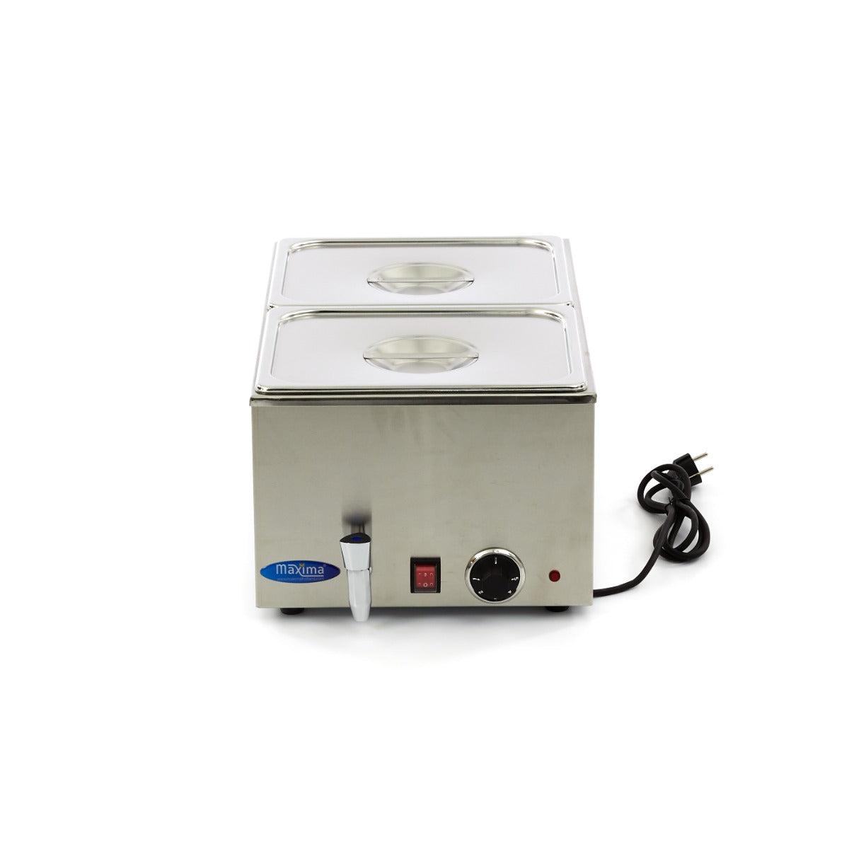 Bain-marie électrique Maxima avec robinet et 2 sets 1/2 GN, plan de travail en acier inoxydable et contrôle thermique.