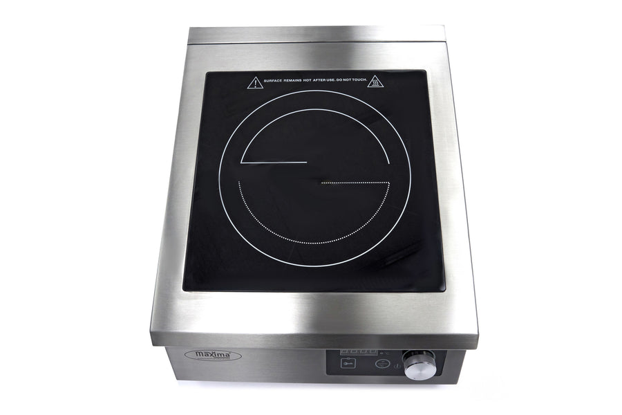 Plaque à induction professionnelle Maxima, diamètre 26 cm, puissance 5000W, connectée en 400V, surface en verre noir.