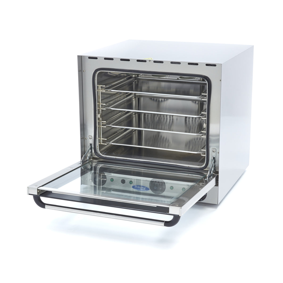 Four à convection Maxima pour boulangerie avec 4 plateaux, gril, vapeur et minuterie intégrée, visible avec panneau de contrôle.