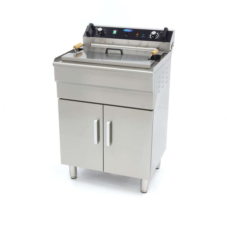 Friteuse Maxima 35L avec un panier, robinet de vidange, alimentation 400V, en acier inoxydable, vue de face