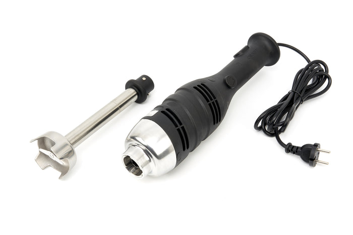 Mixeur plongeant Maxima avec manche de 20 cm et moteur 280W, vue du bâton mixeur prêt à l'emploi.