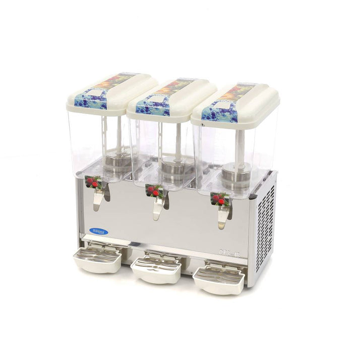 Distributeur de boissons électrique Maxima avec 3 compartiments de 18 L et mécanisme d'agitation visible en image.