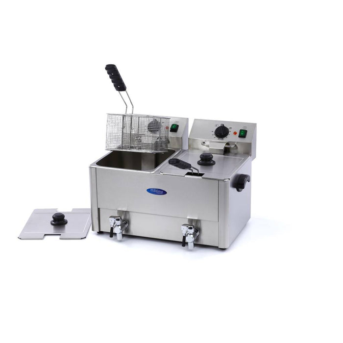 Friteuse Maxima avec 2 paniers de 8 L, robinet de vidange, vue des composants et du panier en acier inoxydable.