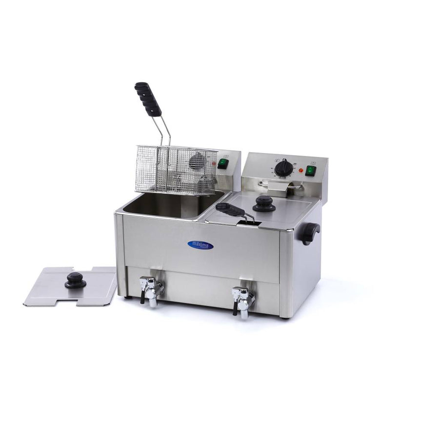 Friteuse Maxima avec 2 paniers de 8 L, robinet de vidange, vue des composants et du panier en acier inoxydable.