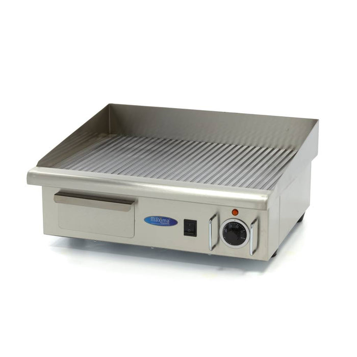 Plaque de grill rainurée Maxima de 55 cm avec plateau d'égouttement pour plancha professionnelle et grils lisses.
