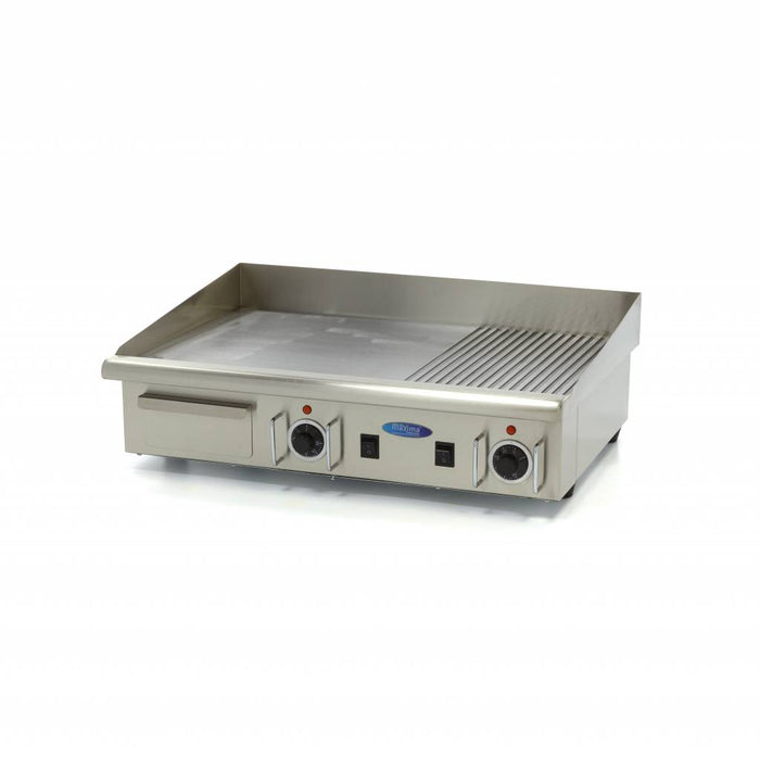 Plaque de gril demi-rainurée Maxima, plancha professionnelle de 73 cm avec plateau d'égouttement, compatible 400V.