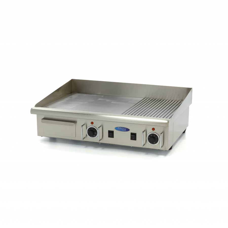 Plaque de gril demi-rainurée Maxima, plancha professionnelle de 73 cm avec plateau d'égouttement, compatible 400V.