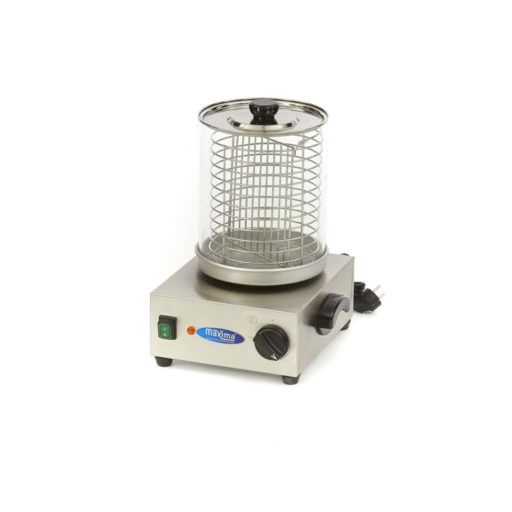 Machine à hot dog Maxima avec chauffe-saucisses en acier inoxydable, diamètre 20 cm, facile à nettoyer au lave-vaisselle.