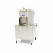 Machine à éplucher les pommes de terre MAXIMA, capacité de 15 kg, débit de 300 kg/h, en action.