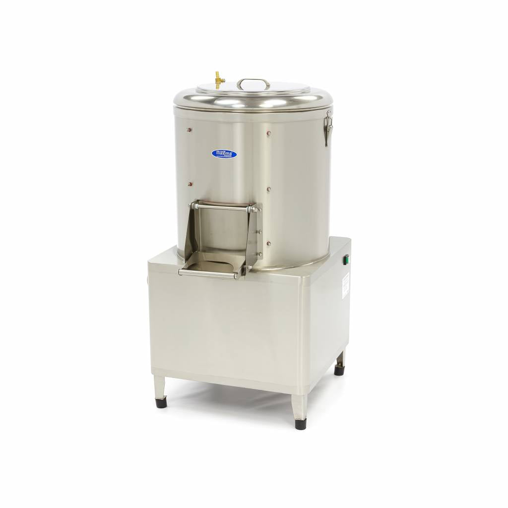 Machine à éplucher pommes de terre MAXIMA, capacité 30 kg, production 600 kg/h, en action dans un environnement industriel.
