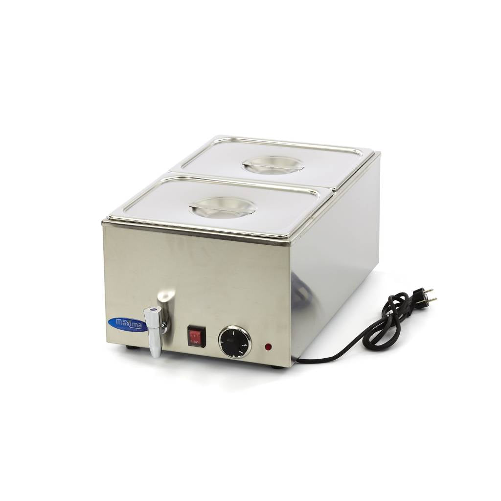 Bain-marie électrique Maxima avec robinet, comprenant un set de 2 x 1/2 GN, vue de face avec robinet et panneau de contrôle