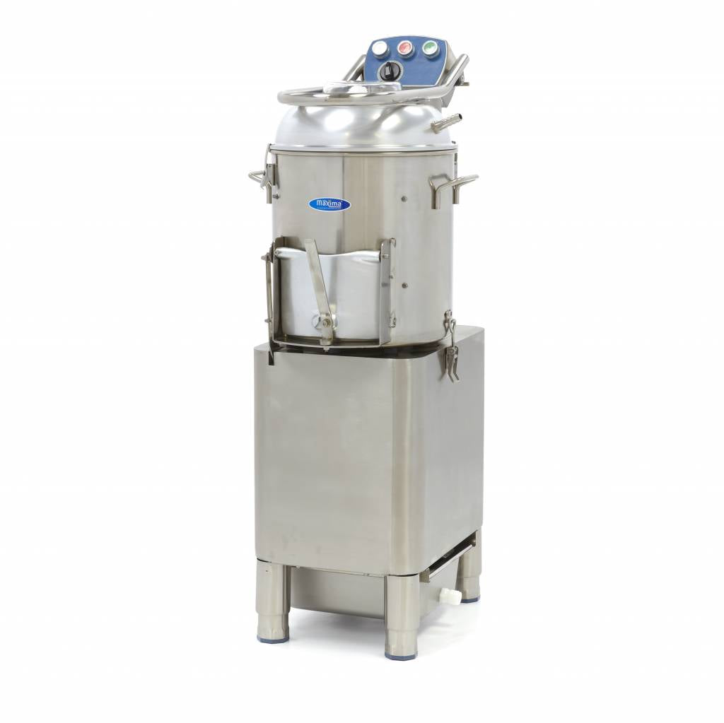Éplucheuse de pommes de terre Maxima, machine professionnelle pour 15 kg, 300 kg/h, avec minuteur intégré, visible en action.