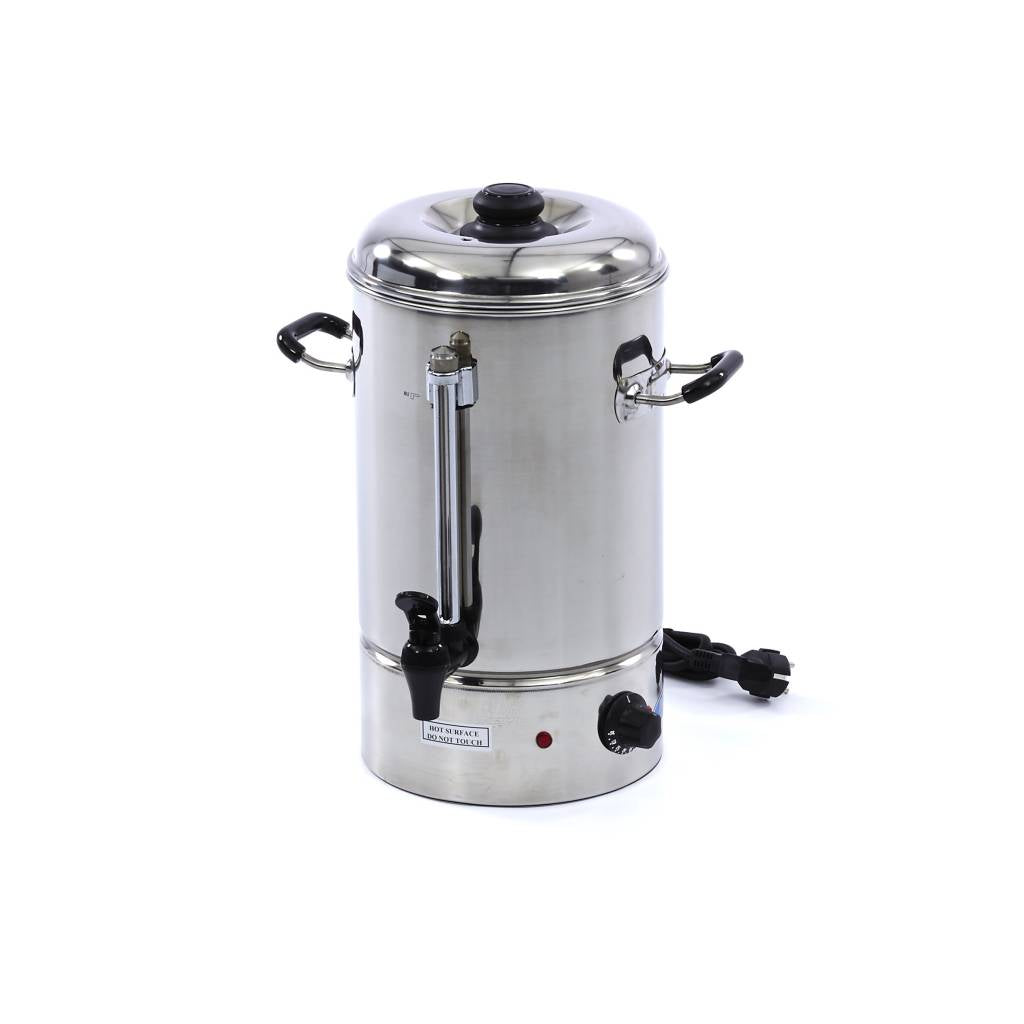 Distributeur d'eau chaude MAXIMA de 10 L, en plastique blanc avec robinet, pour service de boissons chaudes.