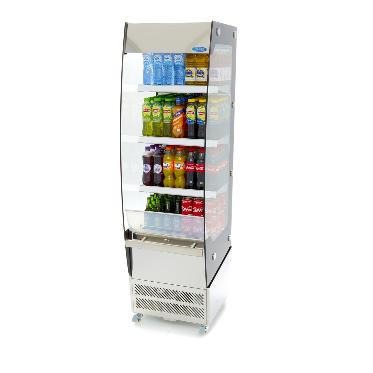 Arrière de bar Maxima avec vitrine à gâteaux ouverte, capacité de 220L, dimensions 50x50 cm, pour présentation de desserts.