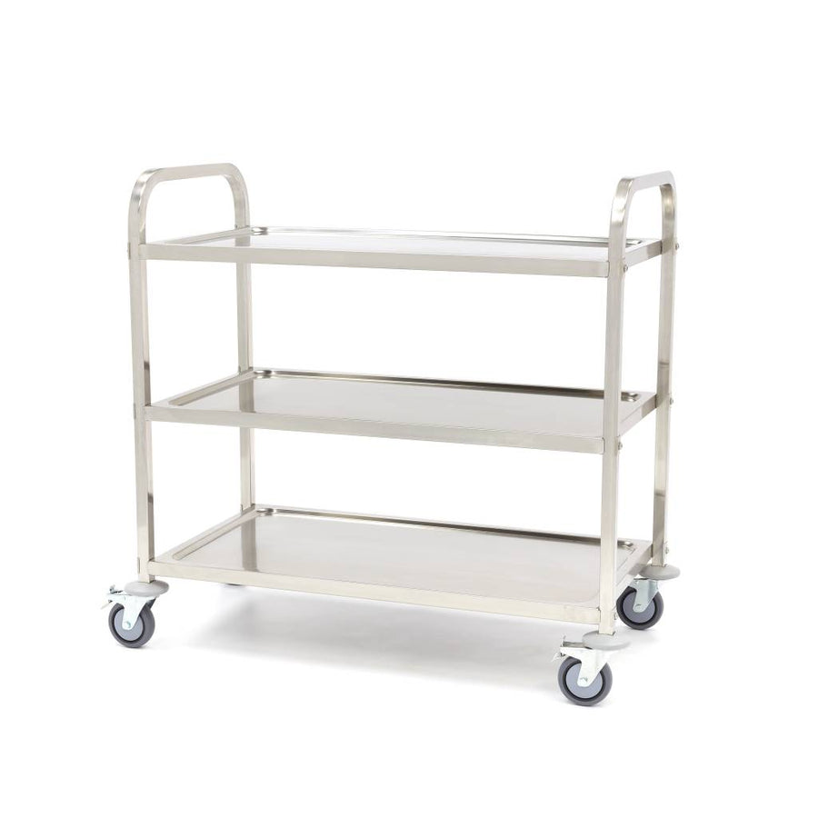 Chariot en acier inoxydable Maxima avec 3 étagères pour service ou stockage, robuste et pratique.