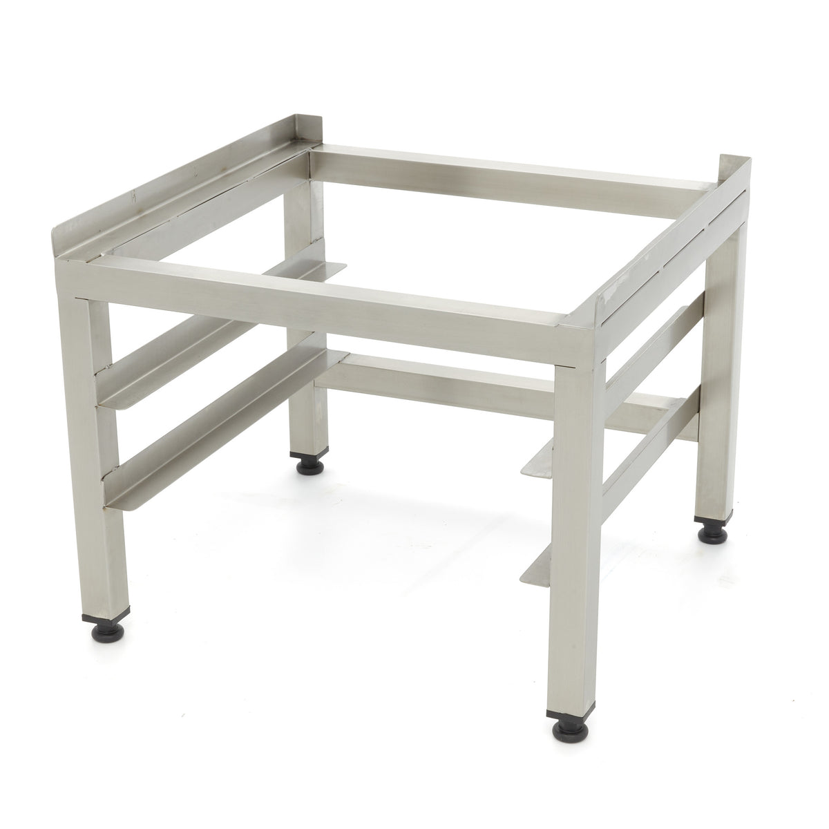 Support pour lave-vaisselle en acier inoxydable, adapté à 50x50 cm, avec structure robuste et finition métallique brillante.