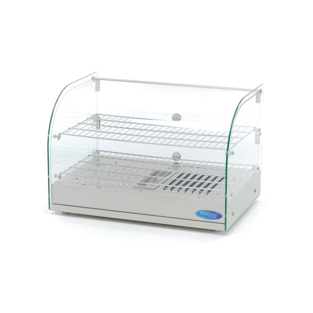 Vitrine chauffante Maxima de 45 L avec deux étagères, capacité de 55 cm, utilisée pour maintenir des aliments chauds.