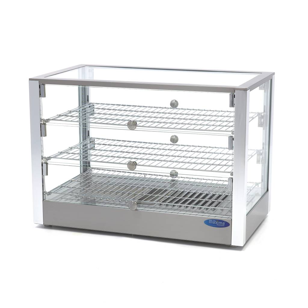 Vitrine chauffante Maxima de 115 L avec 3 étagères, dimensions 70 cm, en verre transparent pour présentation d'aliments.