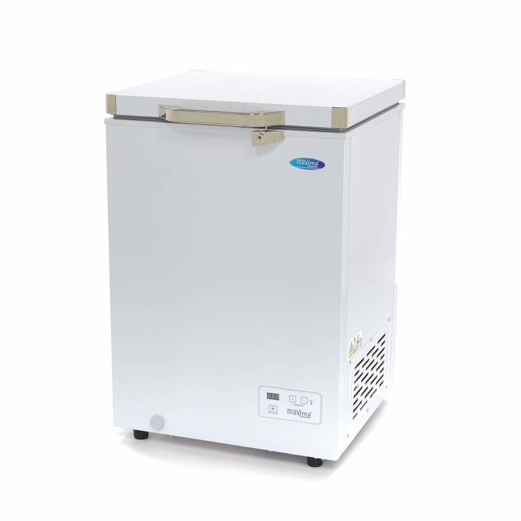 Congélateur coffre professionnel Maxima, 93 L, compact avec 2 roues, idéal pour stockage de produits congelés.