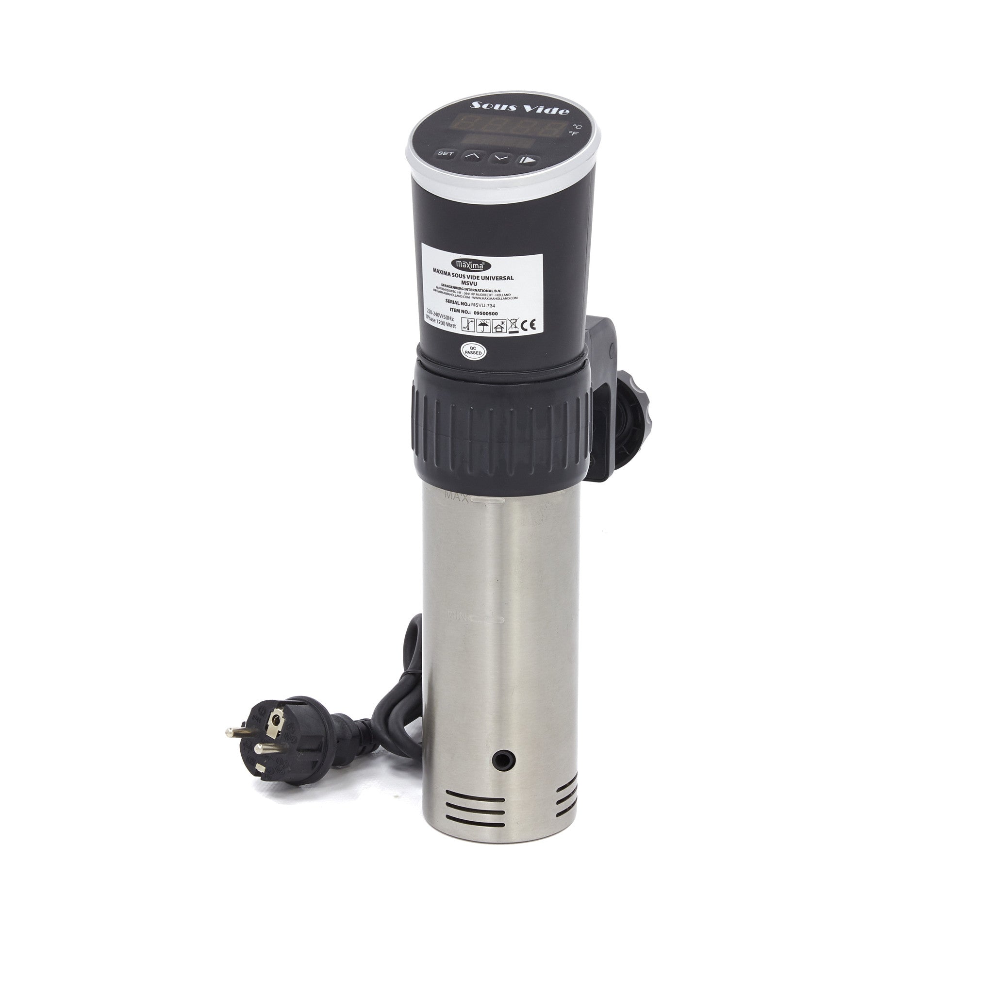 Bâton de cuisson sous vide MAXIMA avec capacité de 20L et pompe de 8L/min, vue de l'appareil avec écran et contrôles.