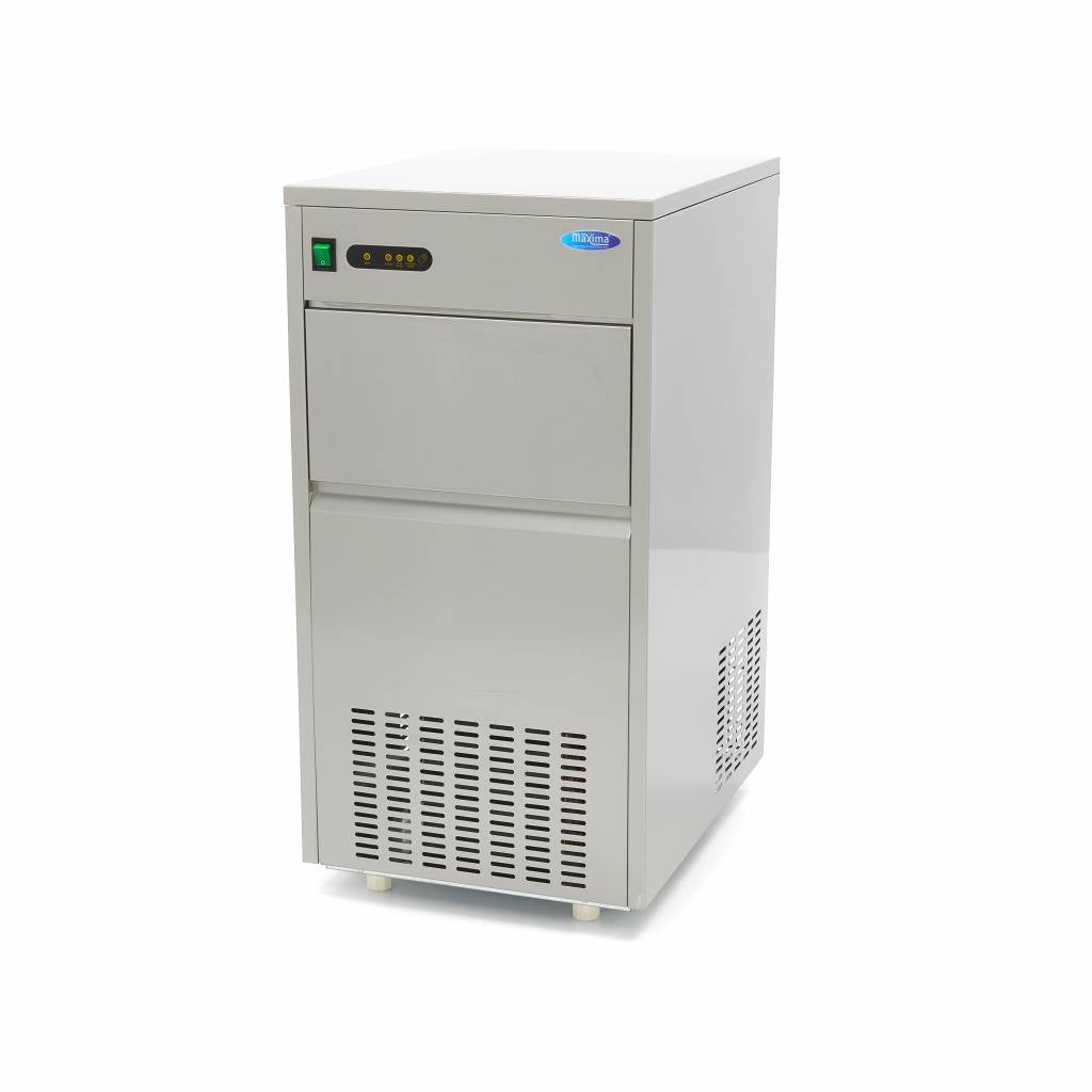 Machine à glaçons Maxima, capacité 60 kg/jour, glaçons creux pour refroidissement par air, vue de face de l'appareil.