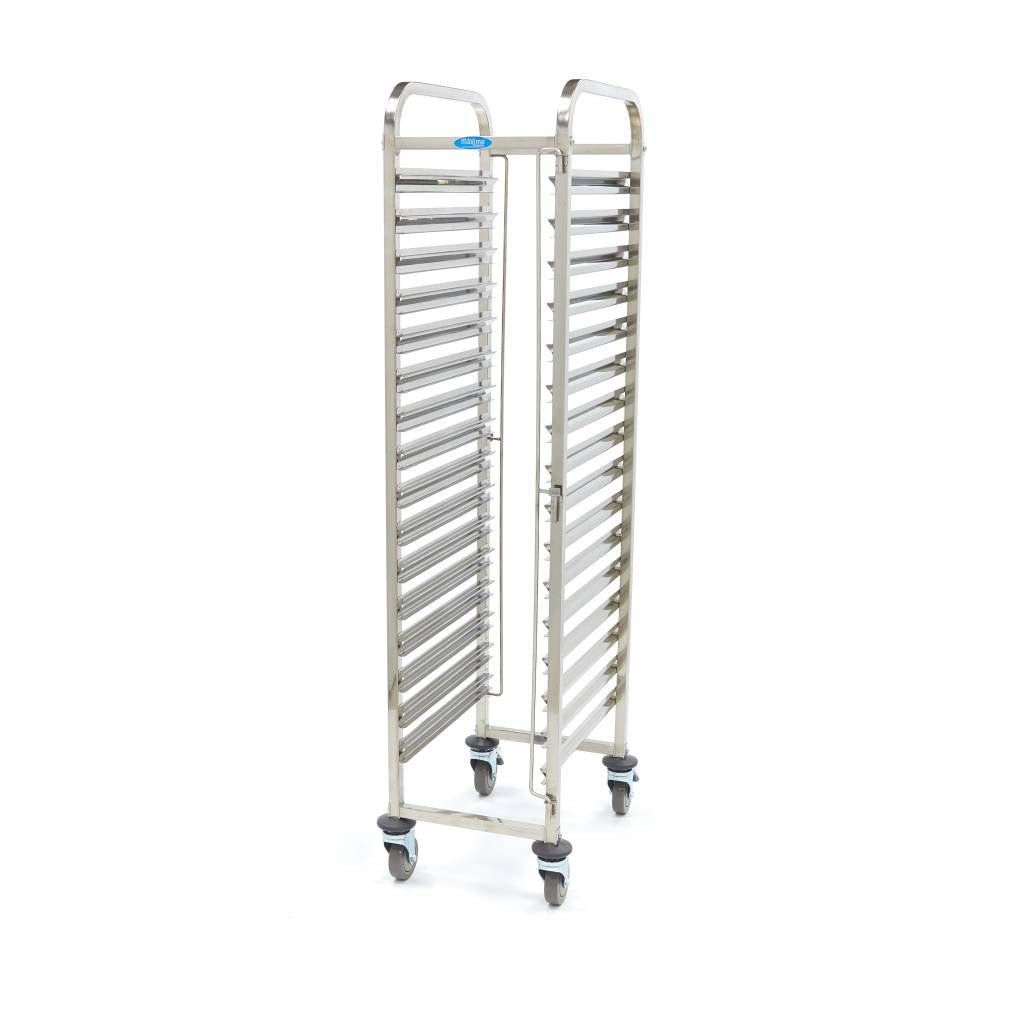 Chariot à plateaux MAXIMA pour 16 plateaux GN 1/1, structure en métal robuste avec roulettes pivotantes.