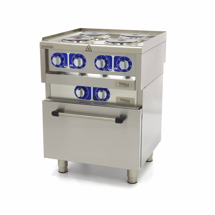 Fourneau professionnel Maxima 4 brûleurs électriques avec four électrique, ligne de cuisson 600, surface en acier inoxydable.