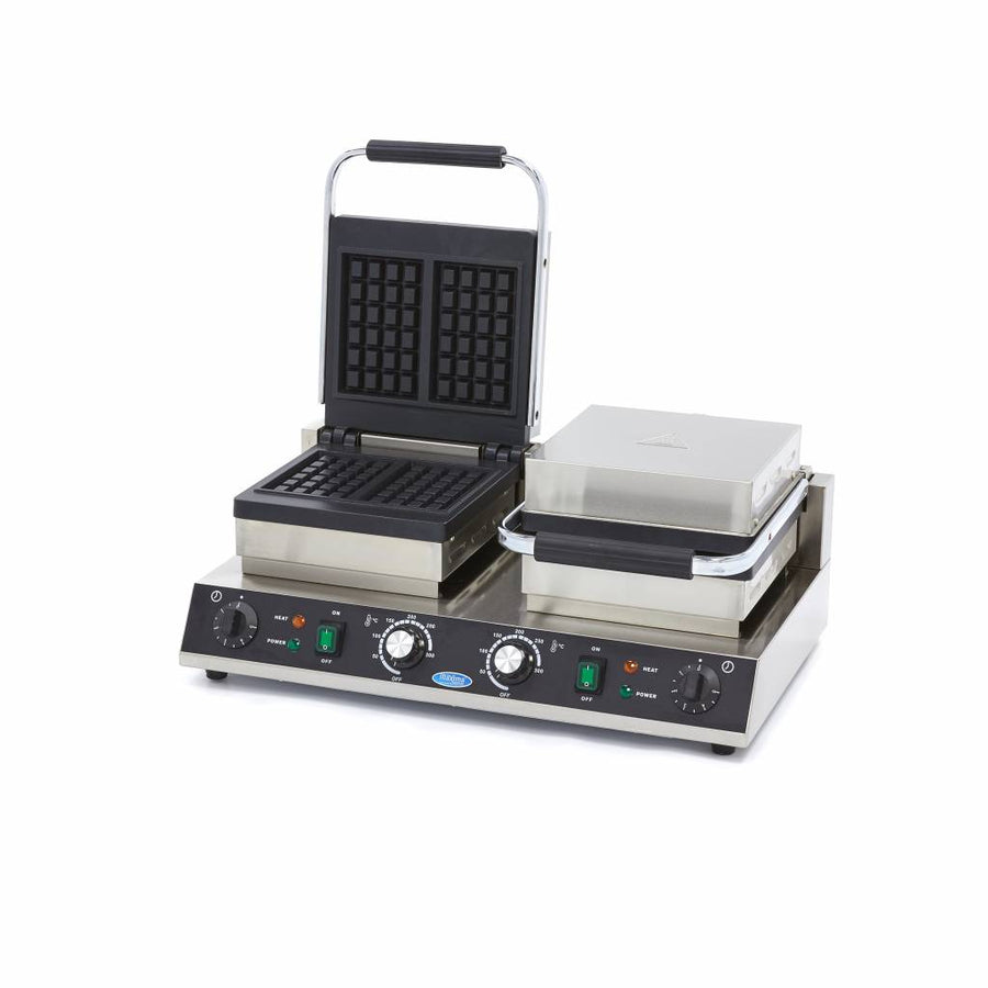 Gaufrier professionnel Maxima avec 4 pièces carrées doubles pour préparer des gaufres croustillantes.