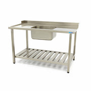 Table lave-vaisselle en inox Maxima, 120x75 cm, avec évier, dosseret et étagère de rangement, design moderne et pratique.