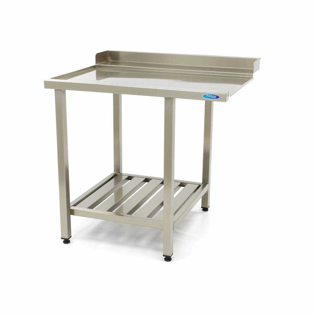 Table lave-vaisselle en inox Maxima, 90x75cm, gauche, avec dosseret et étagère de rangement, design robuste et fonctionnel.