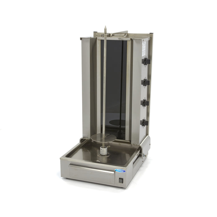 Grill à kebab électrique Maxima avec 4 brûleurs, capacité pour 70 kg de viande, idéal pour doner kebab et shawarma.