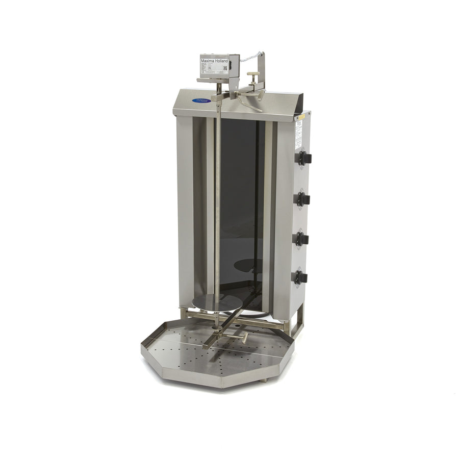 Grill à kebab électrique Maxima avec 4 brûleurs, capable de cuire 50 kg de viande pour doner kebab et shawarma.