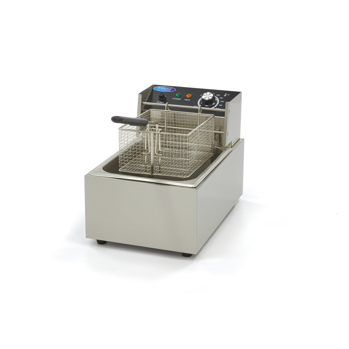 Friteuse Maxima de 6 L avec un panier, idéale pour cuire jusqu'à 1,2 kg de frites, en acier inoxydable.