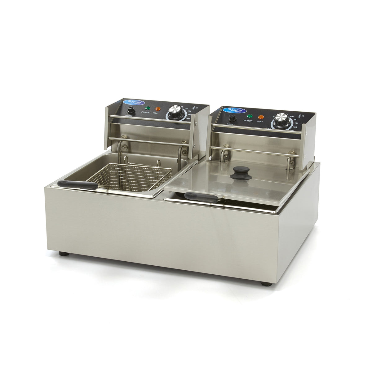 Friteuse Maxima 2 x 6 L avec deux paniers, idéale pour cuire jusqu'à 2,4 kg de frites, vue de face.