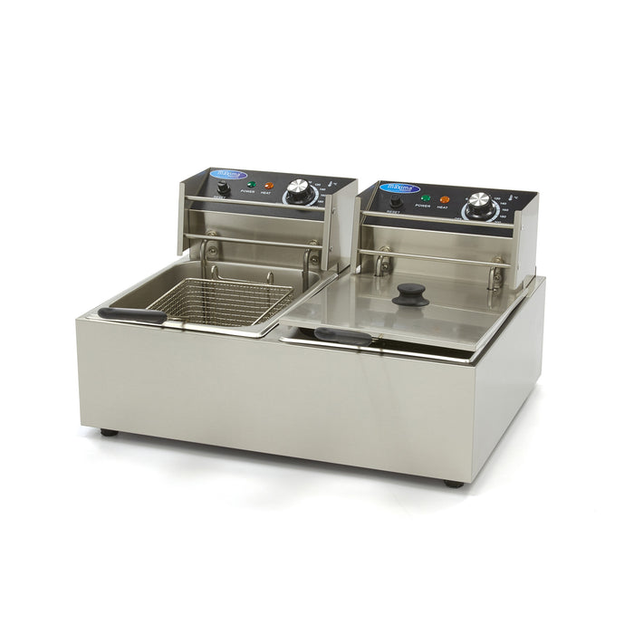 Friteuse Maxima 2 x 6 L avec deux paniers, idéale pour cuire jusqu'à 2,4 kg de frites, vue de face.