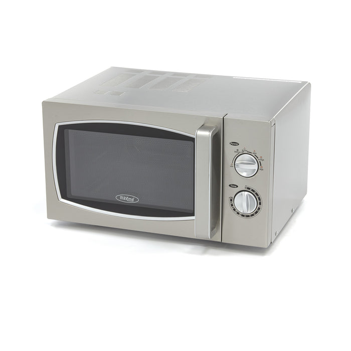 Micro-ondes professionnel Maxima 900W avec 6 programmes, intérieur spacieux pour assiettes jusqu’à Ø33 cm, écran et commandes.